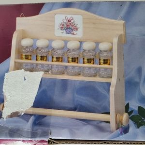 Vintage Farmhouse Bleached Wood Wall Spice Rack & Towel Bar w/ 6 spice bottles